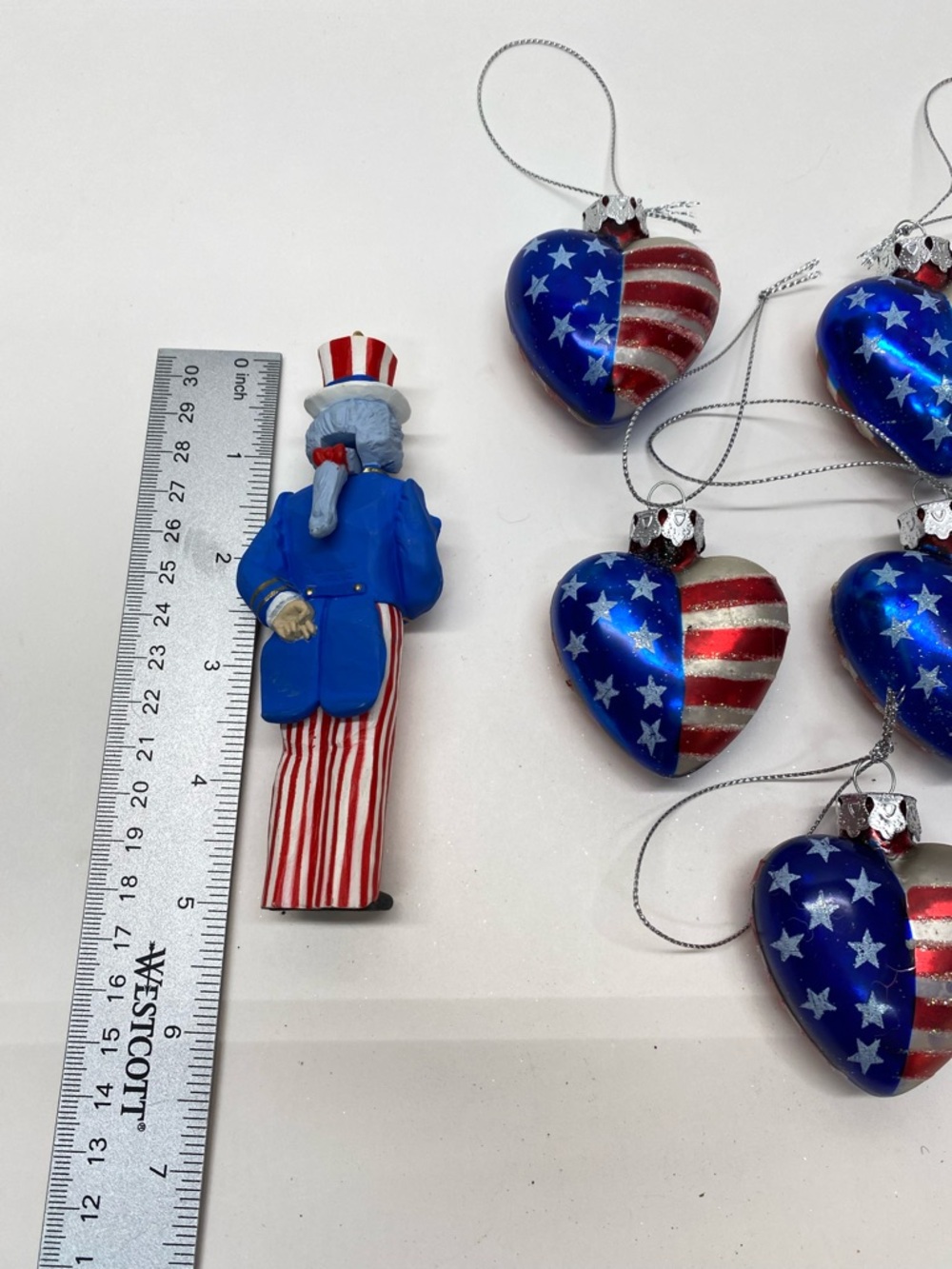 Patriotic Heart Ornament Set of 8 1 Uncle Sam Nutcracker Ornament Americana 4th - Picture 7 of 15